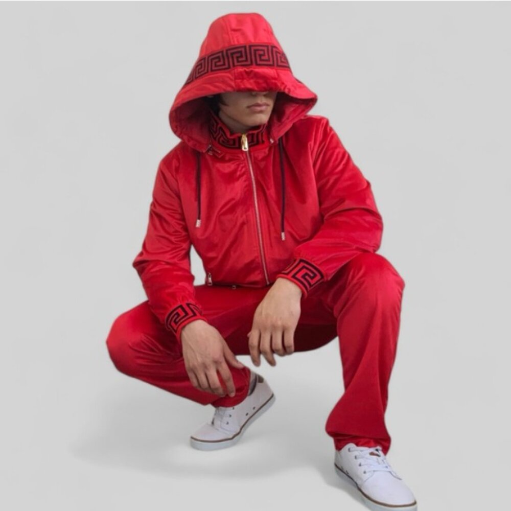 Men’s Manzini Red | Black Velvet Hooded Casual Tracksuit NWT
